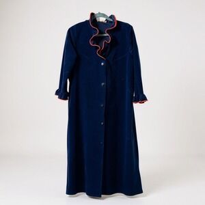 Vintage JCPenney Navy Blue Velour Full-Length Robe With Red Trim & Ruffled Colla